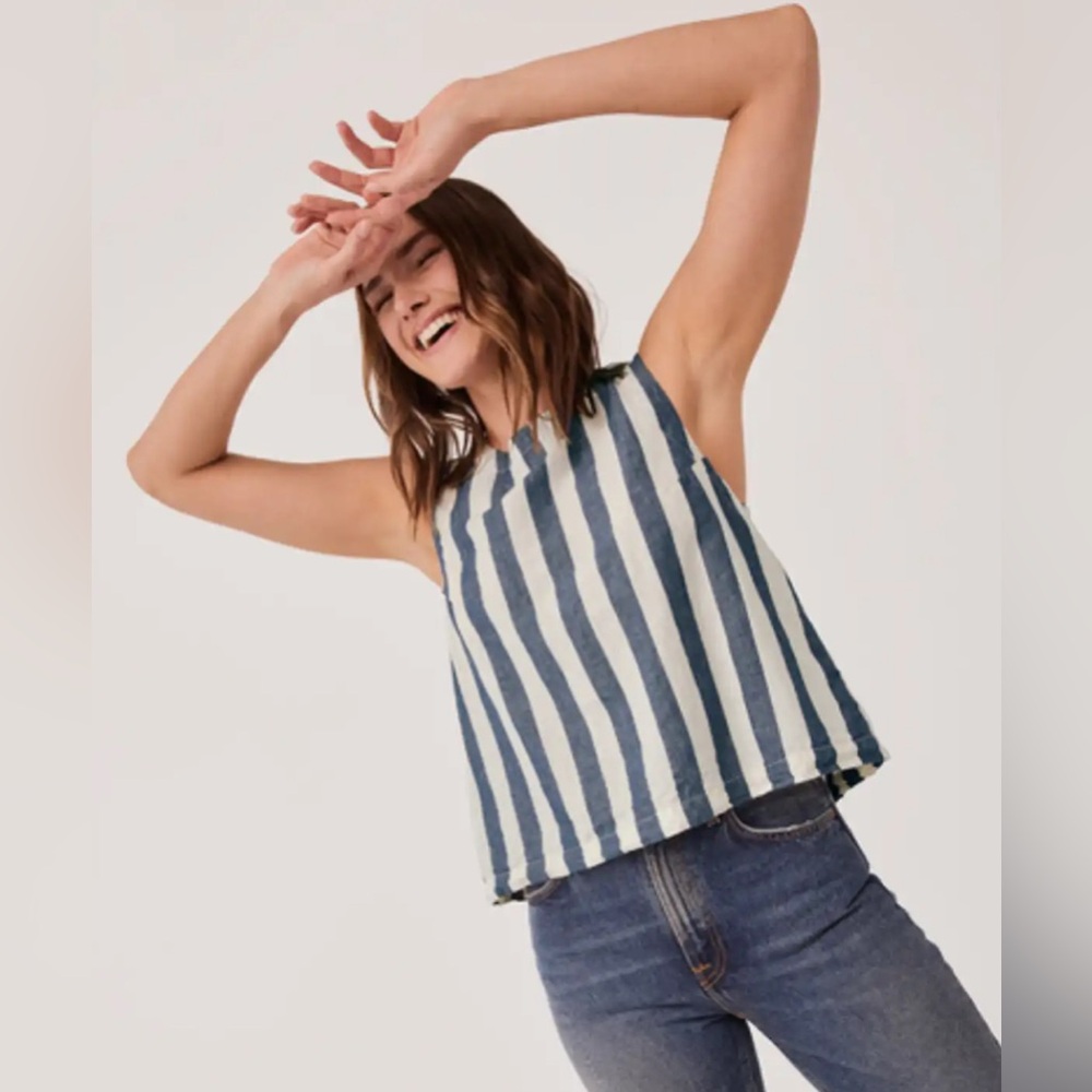 Pact Blue and White Striped Sleeveless Blouse